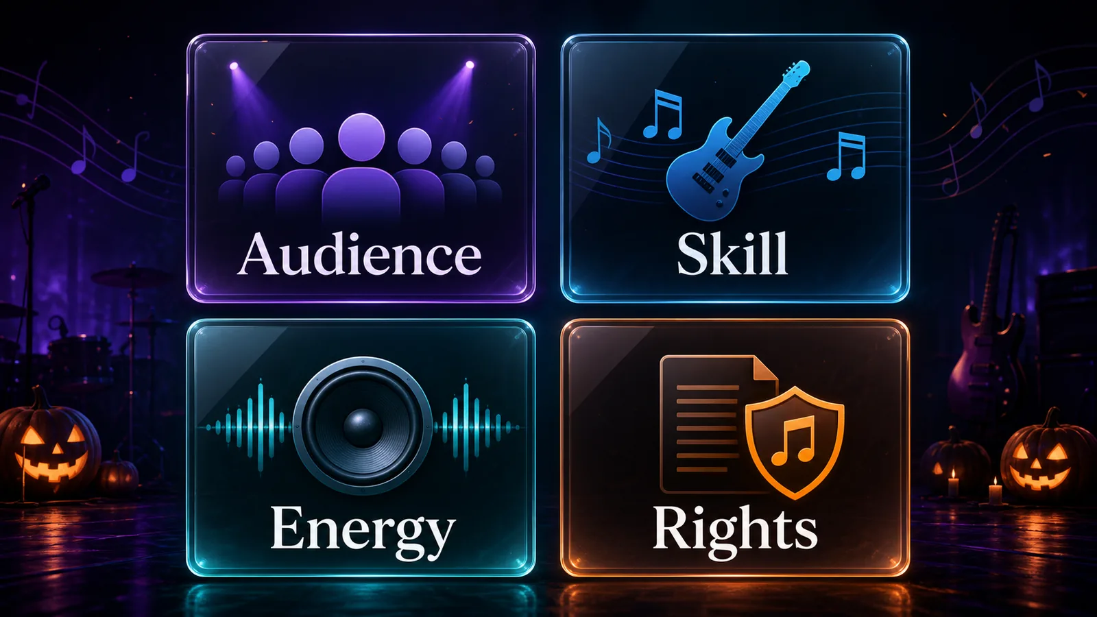 Halloween song selection guide using audience, skill, energy, and rights checks