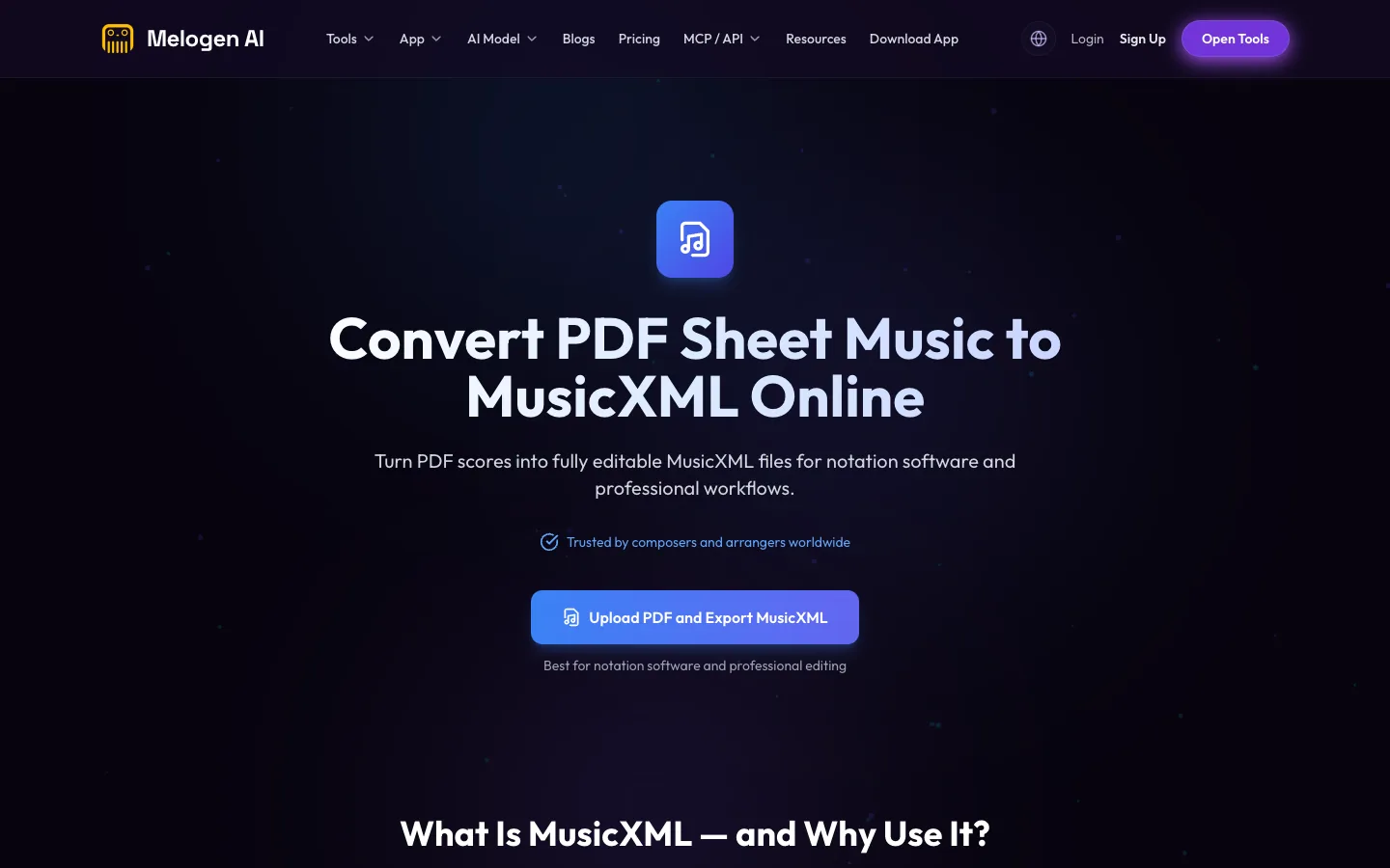 Melogen PDF to MusicXML product page showing browser-based PDF score conversion