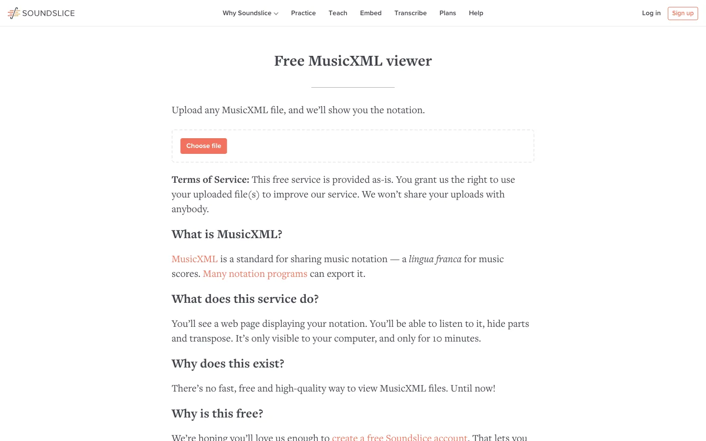 Soundslice MusicXML viewer page for uploading and viewing notation files