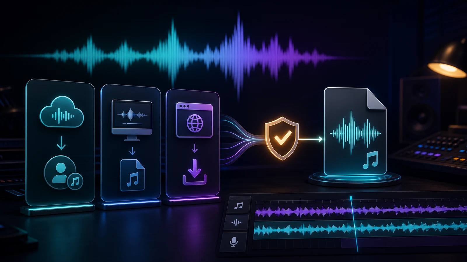 Three SoundCloud download paths passing through a permission check into a local audio file