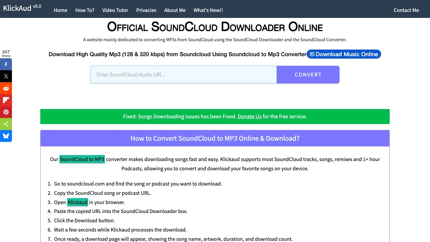 KlickAud public SoundCloud downloader page with URL field and conversion steps