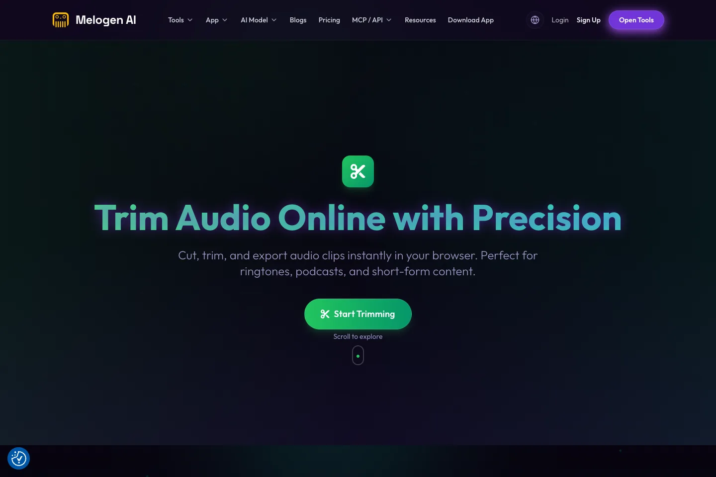 Melogen Music Trimmer page for editing a permitted local audio file