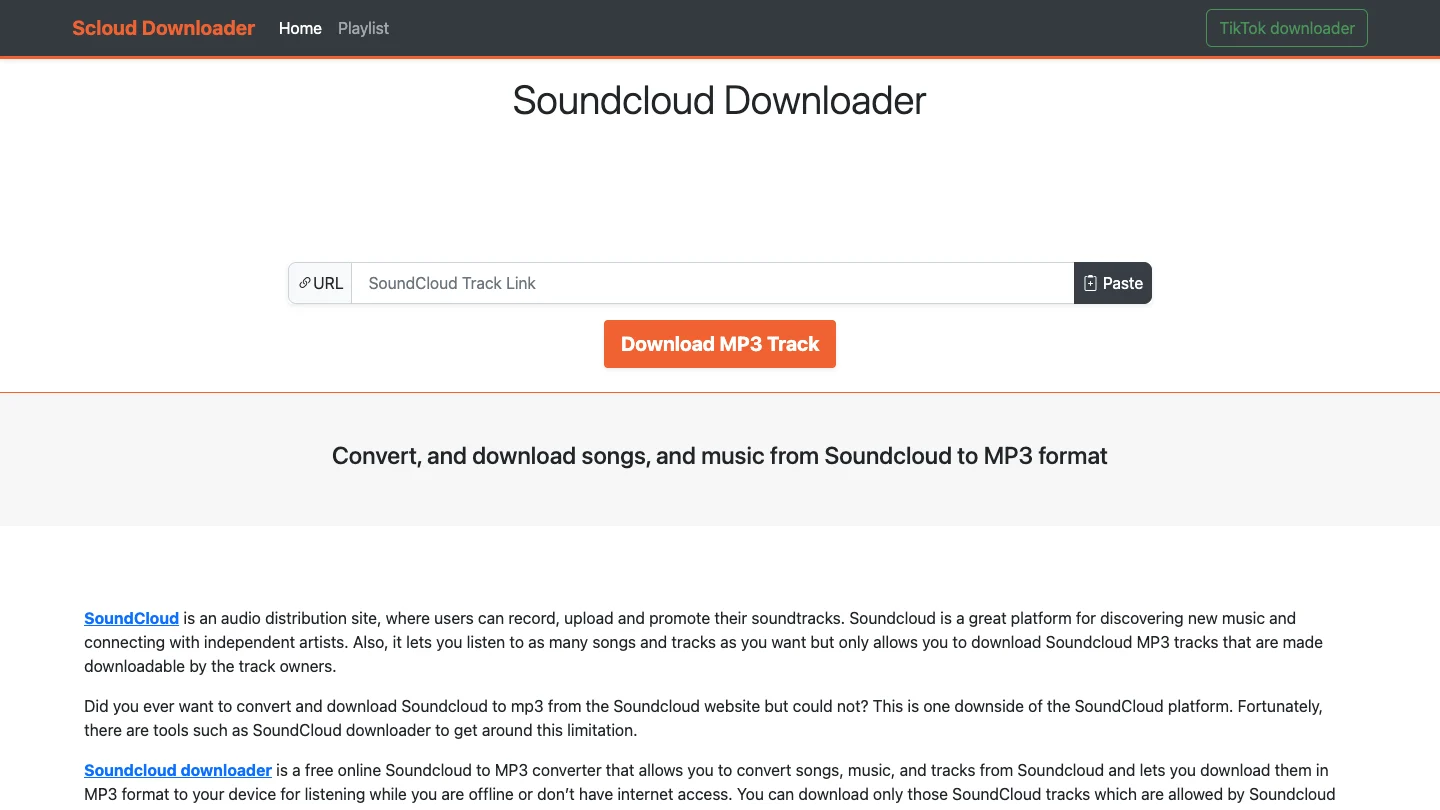 ScloudDownloader public page showing its SoundCloud track link field