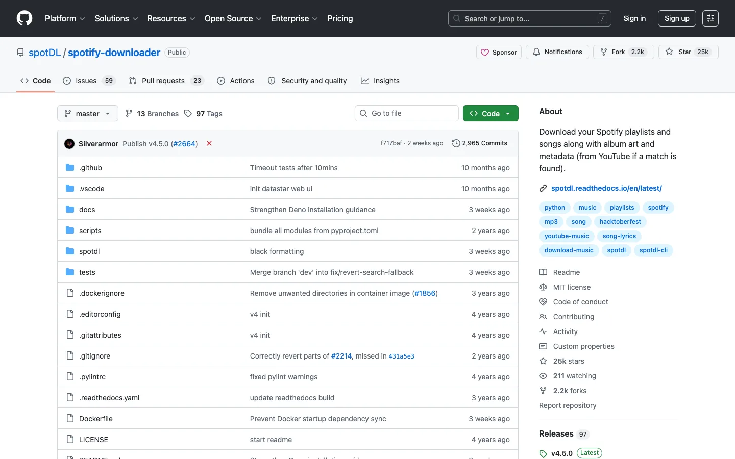 spotDL GitHub project page screenshot