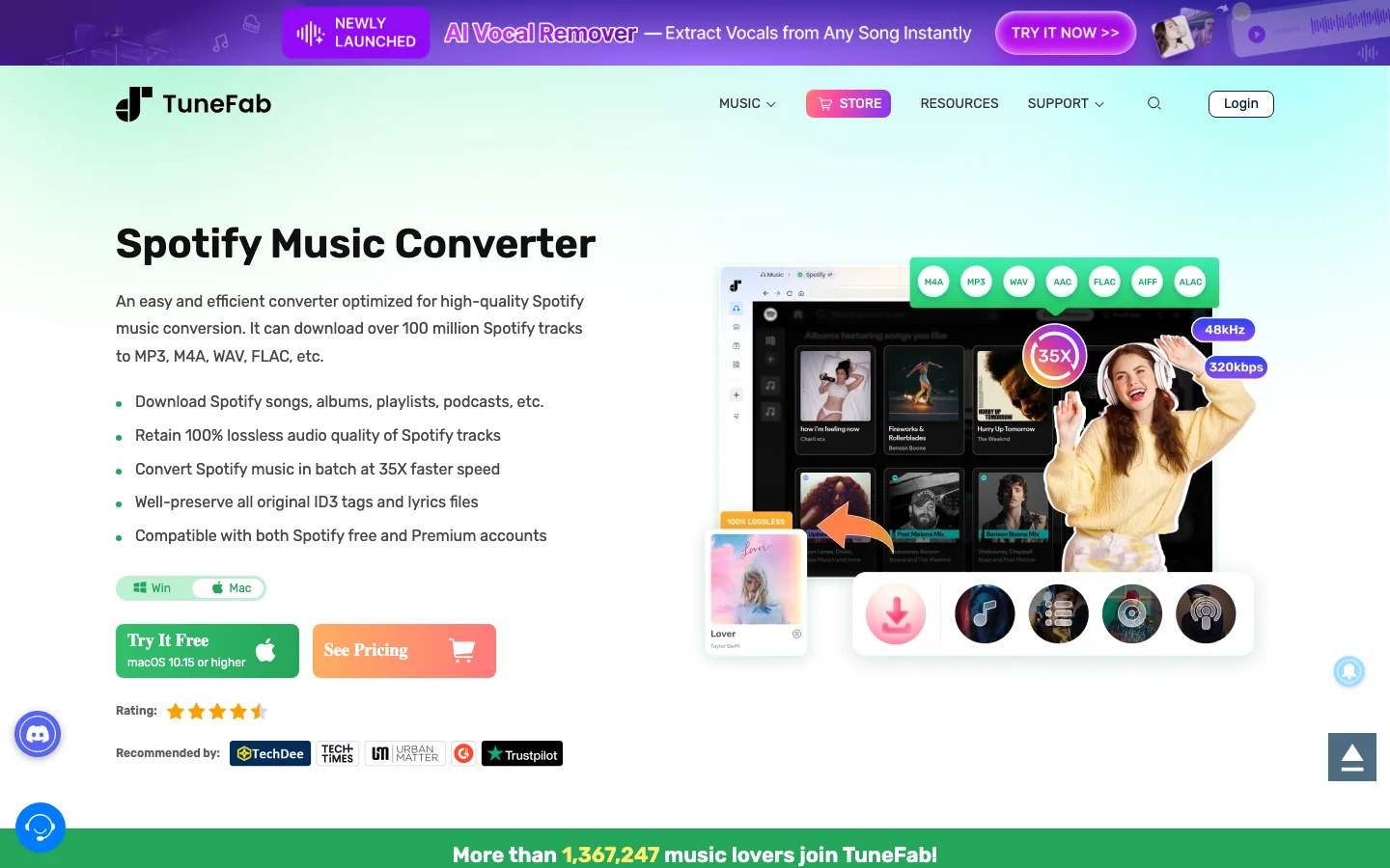 TuneFab Spotify Music Converter official product page screenshot