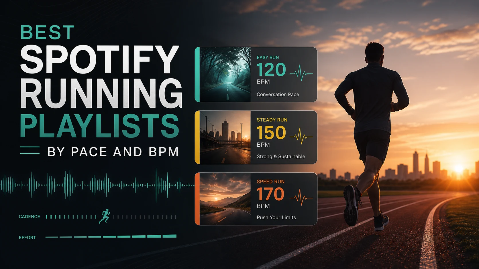 Running playlist cards organized by easy, steady, and speed BPM zones
