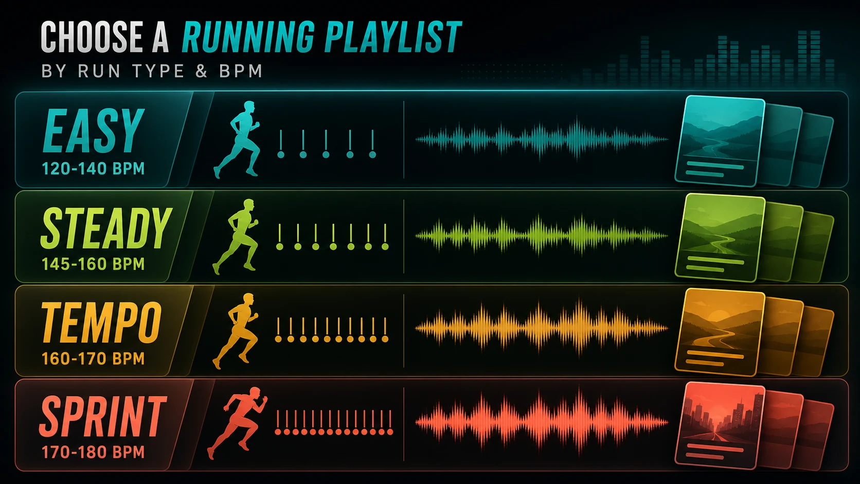Running playlist BPM map showing easy, steady, tempo, and sprint ranges
