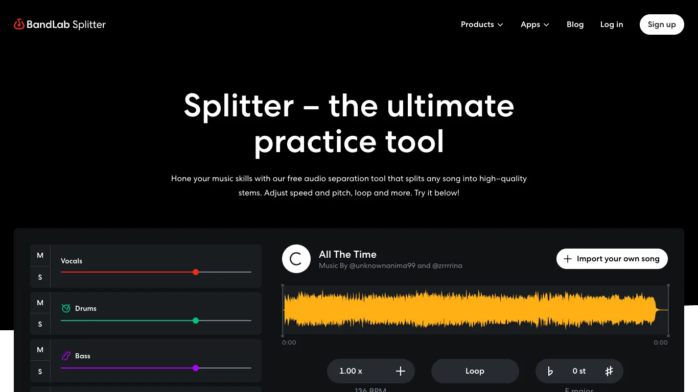 BandLab Splitter official page showing vocal drum and bass stem controls for practice