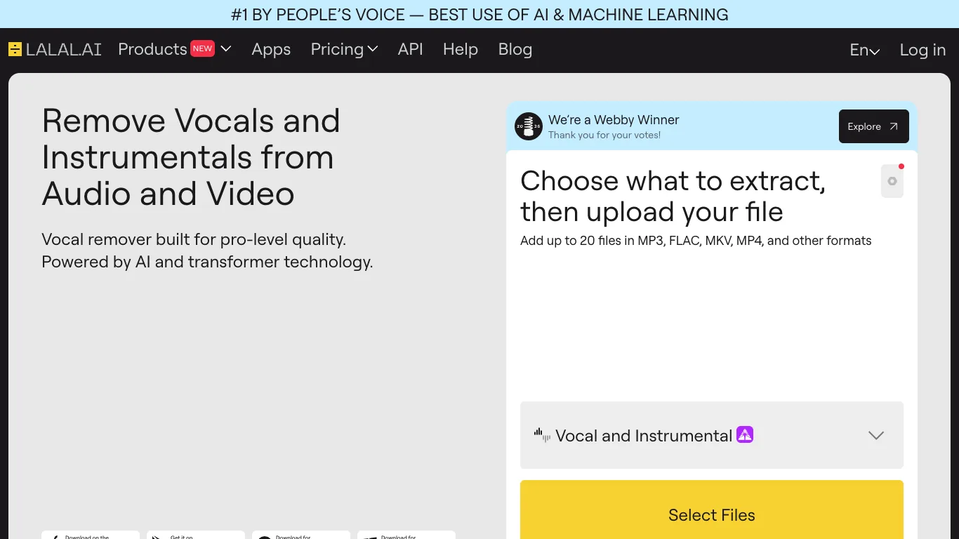 LALAL.AI official page showing the file upload interface for vocal and instrumental extraction
