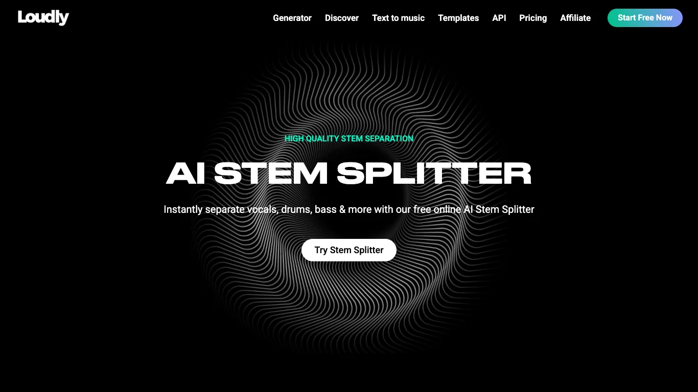 Loudly official AI Stem Splitter page showing a simple browser-based stem separation interface