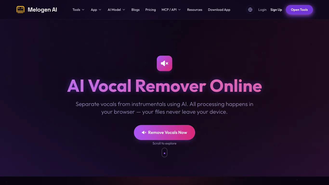 Melogen AI Vocal Remover local product page showing a browser-first stem separation workflow