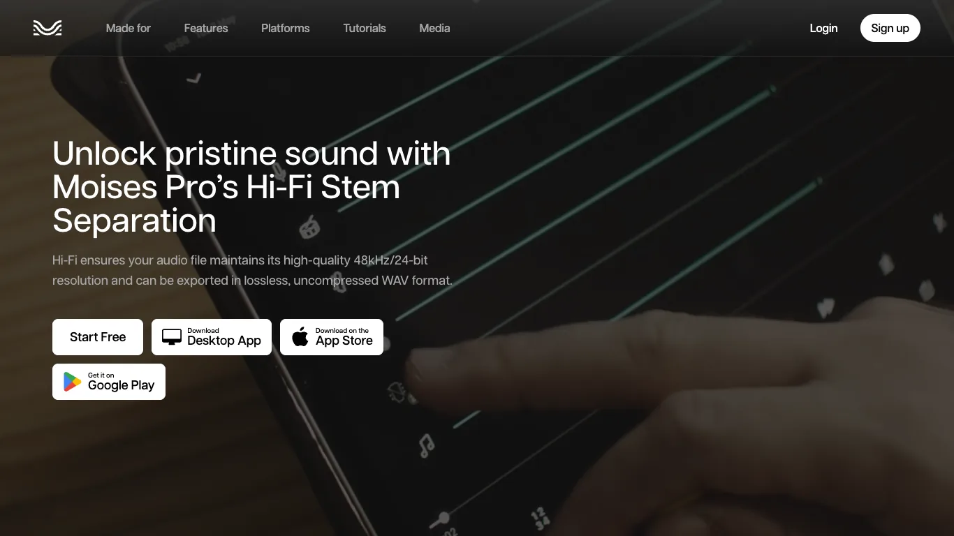 Moises official Hi-Fi Stem Separation page showing mobile and desktop stem workflow positioning