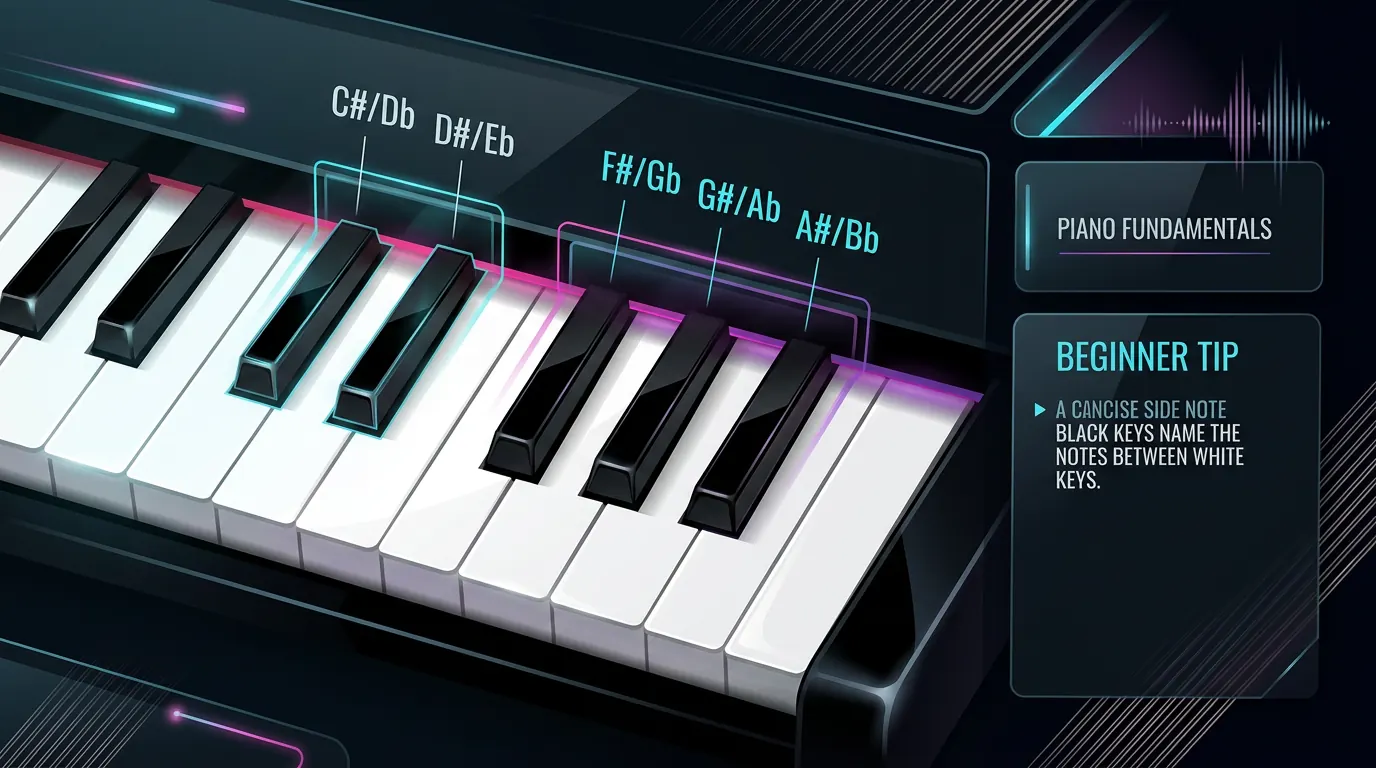 Black piano keys grouped as two-key and three-key patterns with sharp and flat names