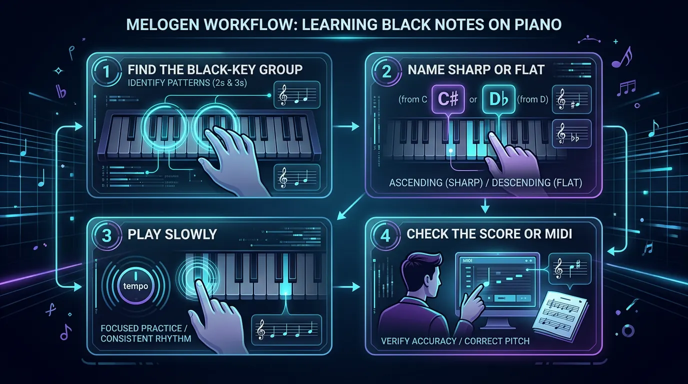 Practice loop for reading black notes on piano from note name to key group to score check