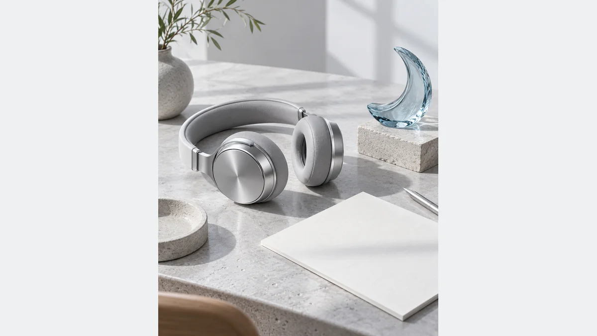 Silver headphones beside a blank notebook and a blue glass ornament