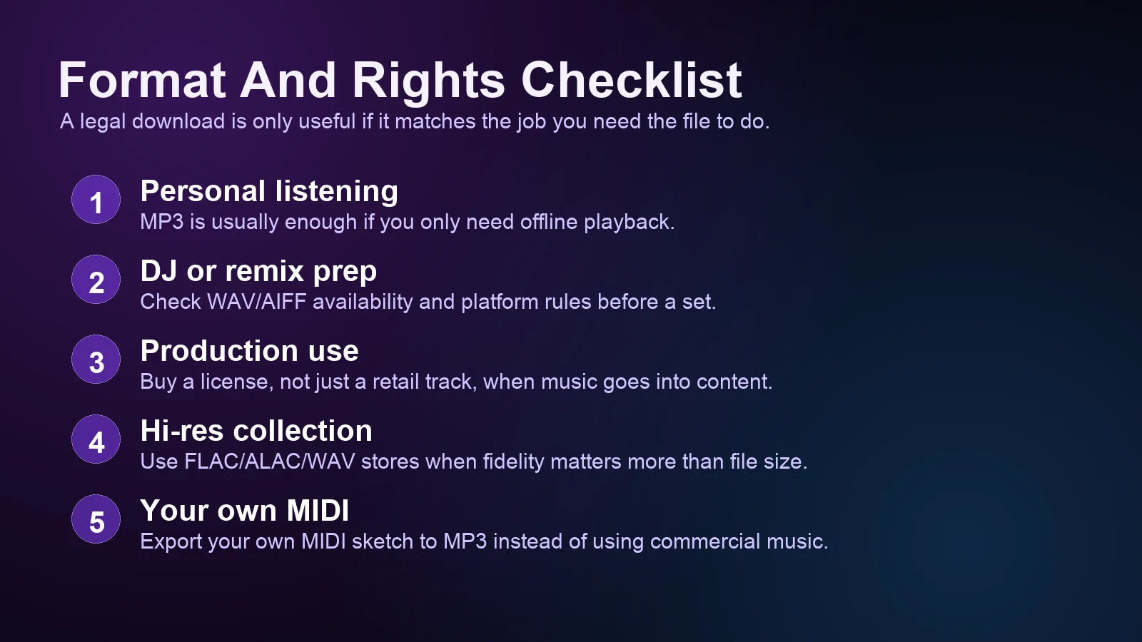 Checklist for choosing MP3, WAV, FLAC, or licensed music before buying online