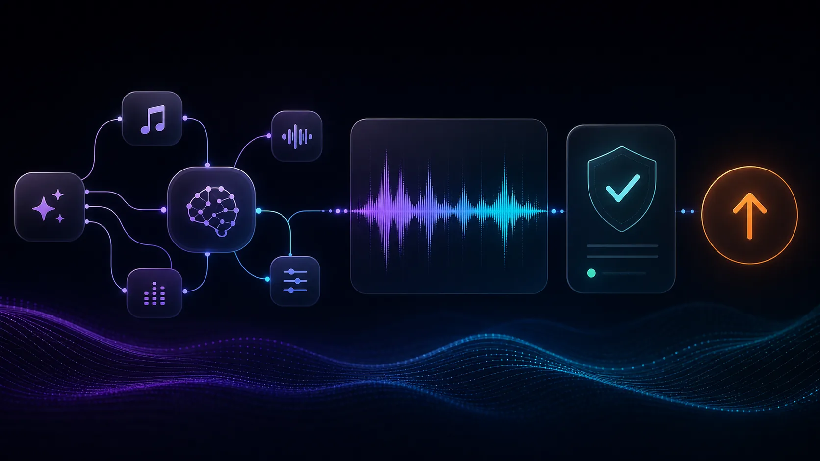 AI music waveform passing through rights checks before an upload