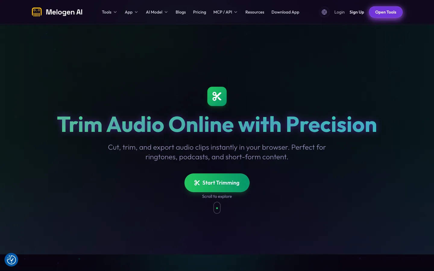 Melogen Music Trimmer page for cutting and exporting owned audio