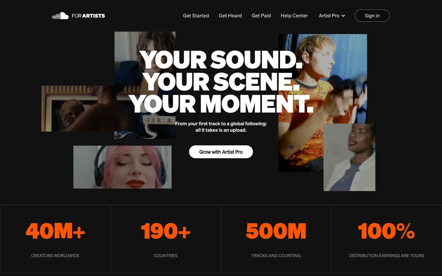 SoundCloud for Artists public page presenting an upload-first creator workflow