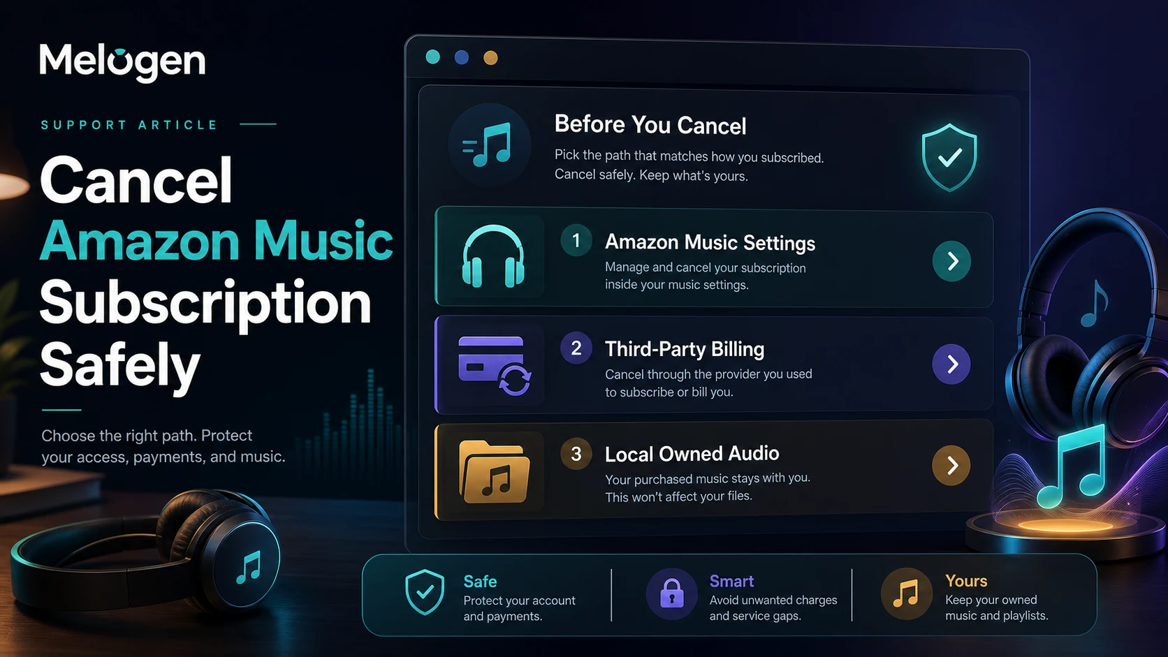 Safe cancellation paths for Amazon Music subscriptions and owned local audio