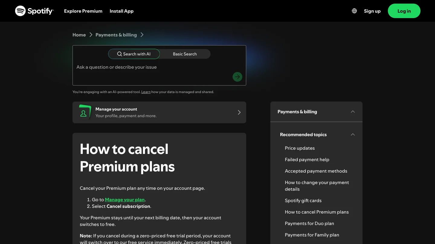 Official Spotify support page showing the Premium cancellation steps