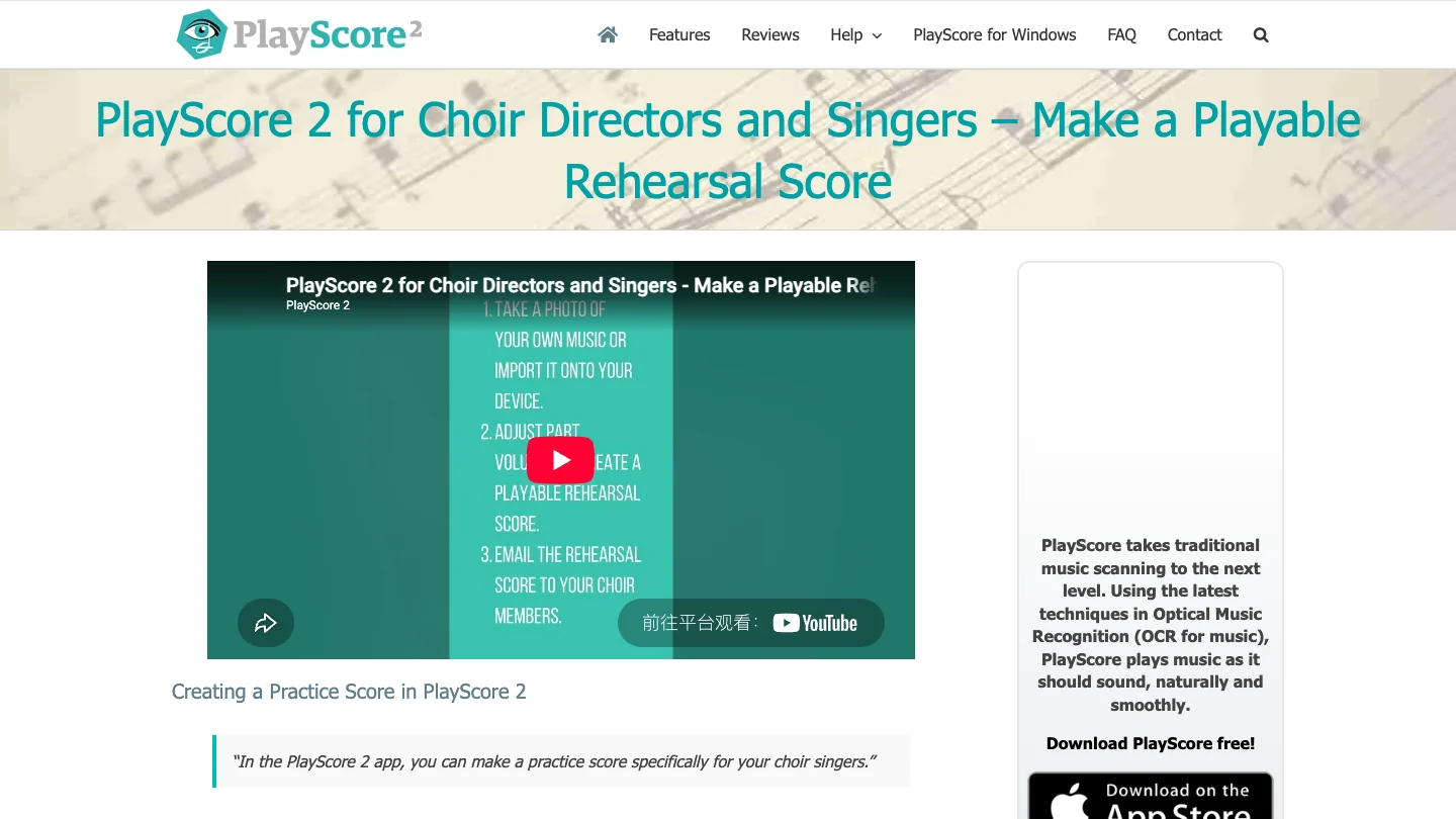 Official PlayScore page showing its choir rehearsal score workflow