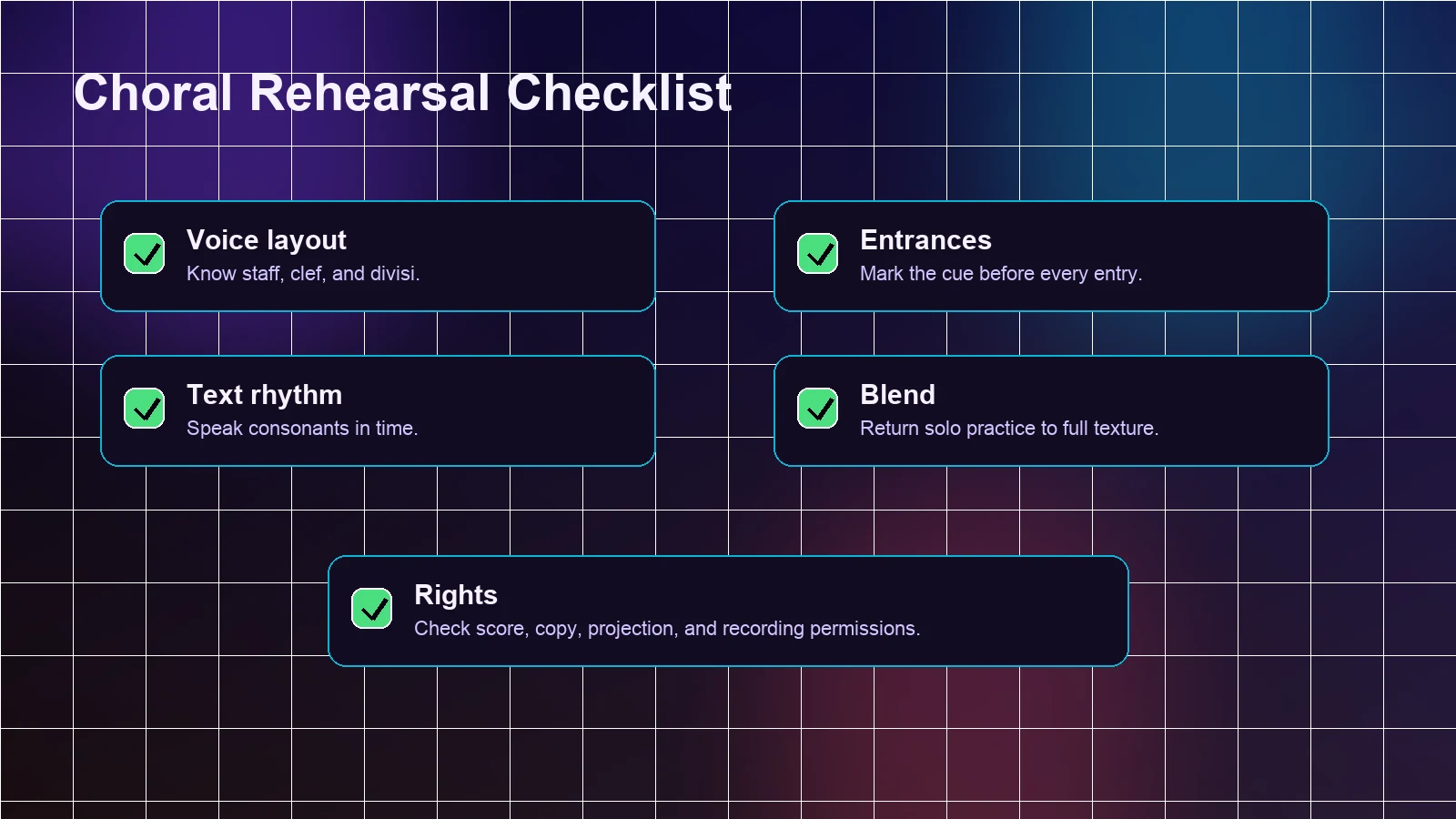 Checklist for choral rehearsal preparation and score permissions