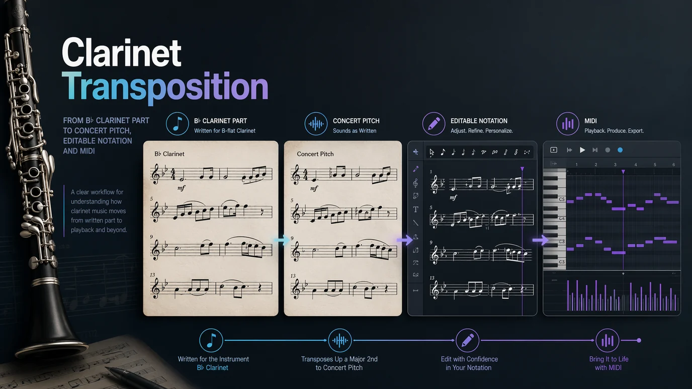 Parte di clarinetto in si bemolle tra altezza scritta, altezza reale, notazione editabile e playback MIDI