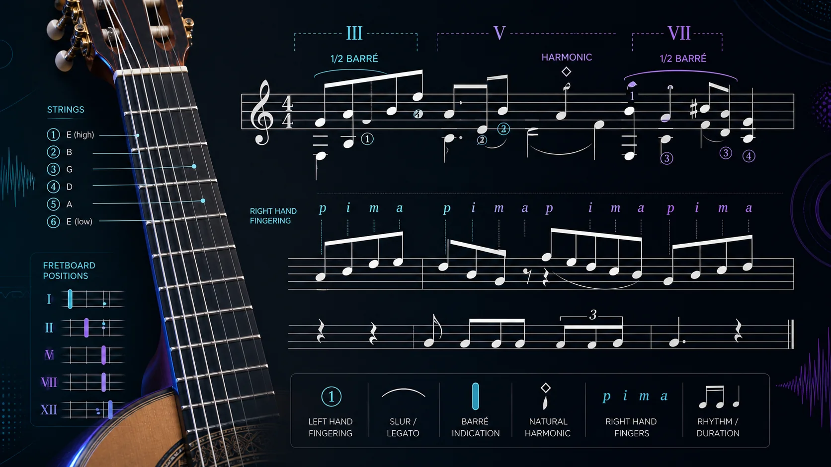 Classical guitar music notation with staff symbols, fretboard positions, and right-hand fingering cues