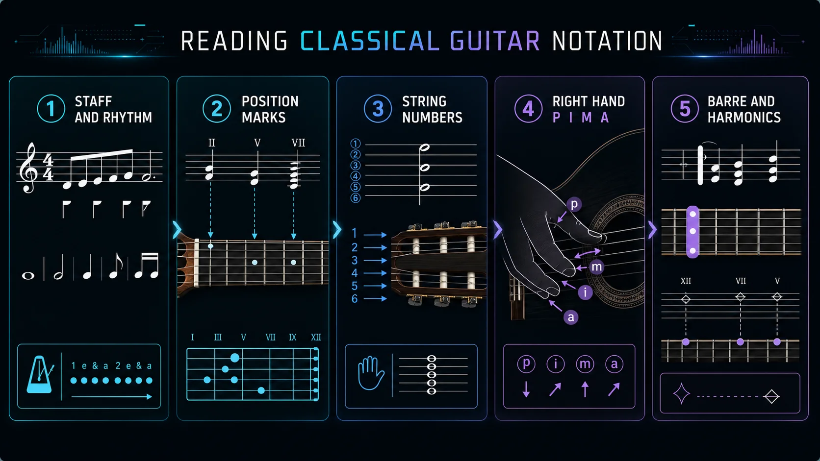 Five-panel classical guitar notation map showing staff rhythm, position marks, string numbers, right-hand fingering, and barre or harmonic signs