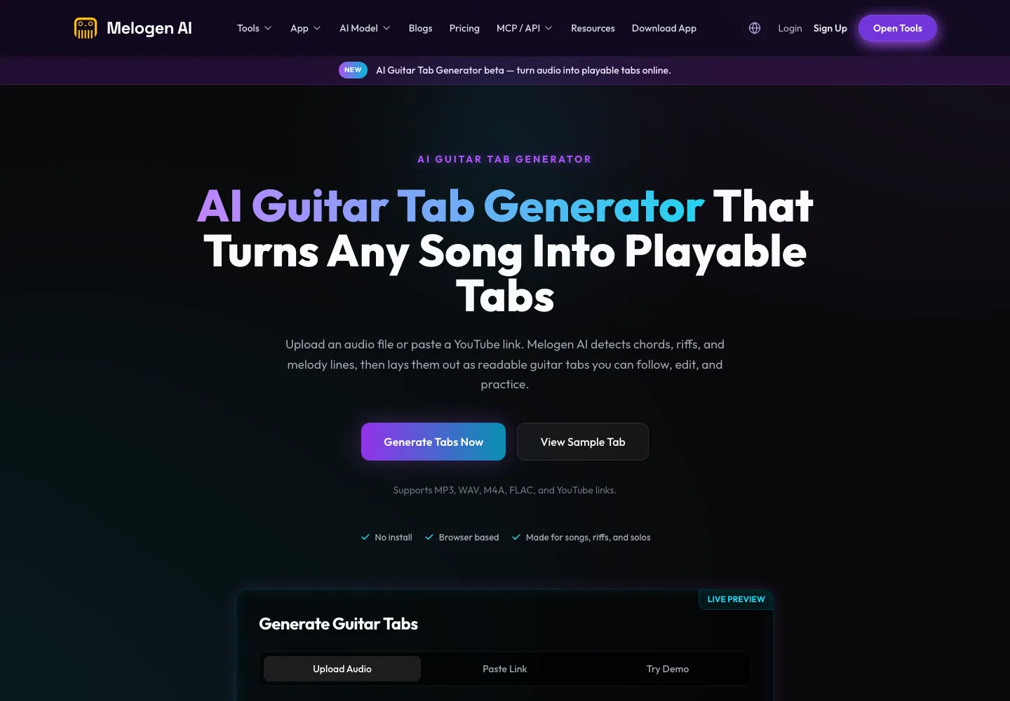 Melogen AI Guitar Tab Generator page showing the browser-based workflow for turning audio or YouTube links into playable guitar tabs