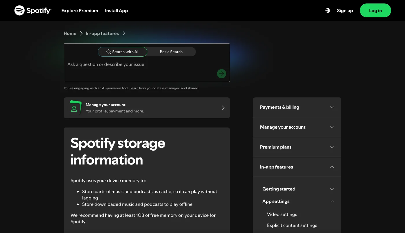 Spotify official storage information support page explaining cache and offline downloads