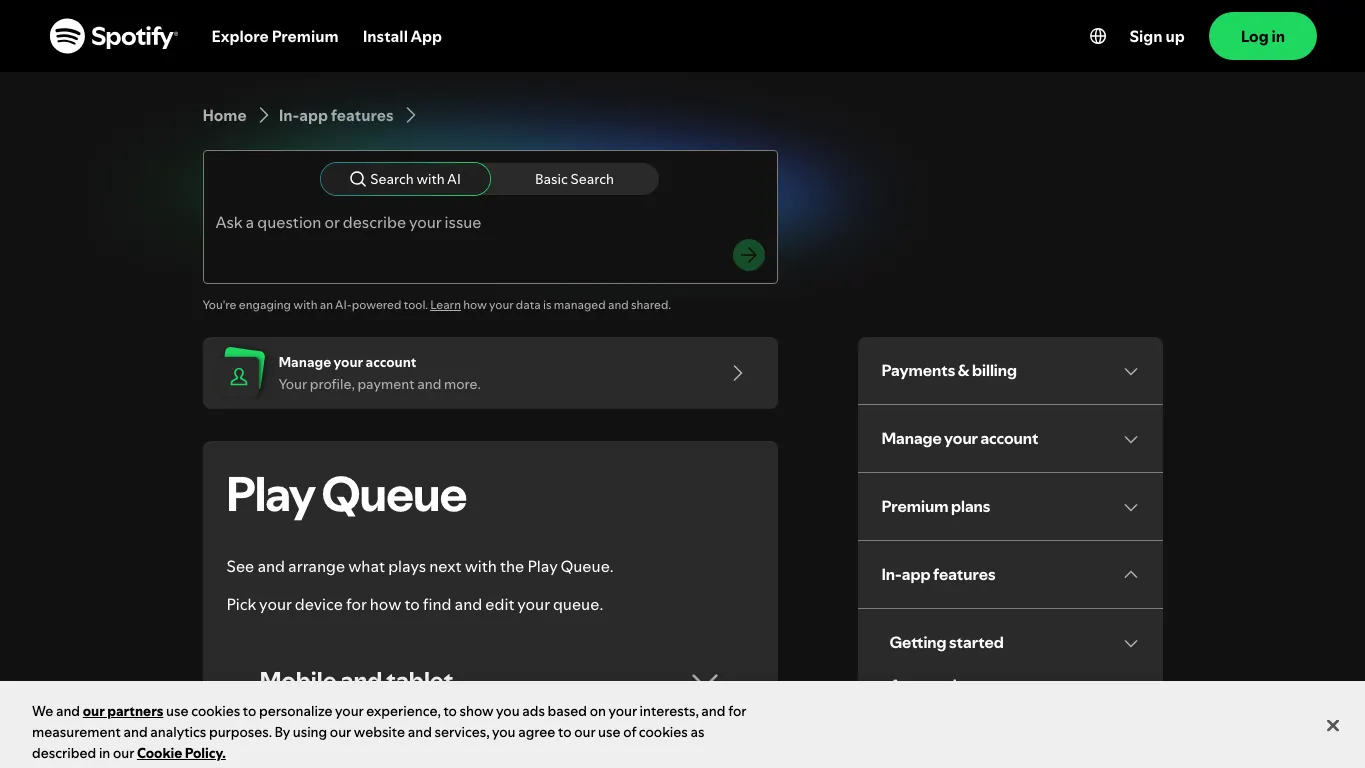 Spotify Play Queue support page showing the official queue feature