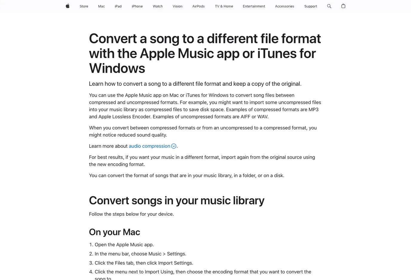 Apple Support page showing format conversion in Apple Music and iTunes for Windows