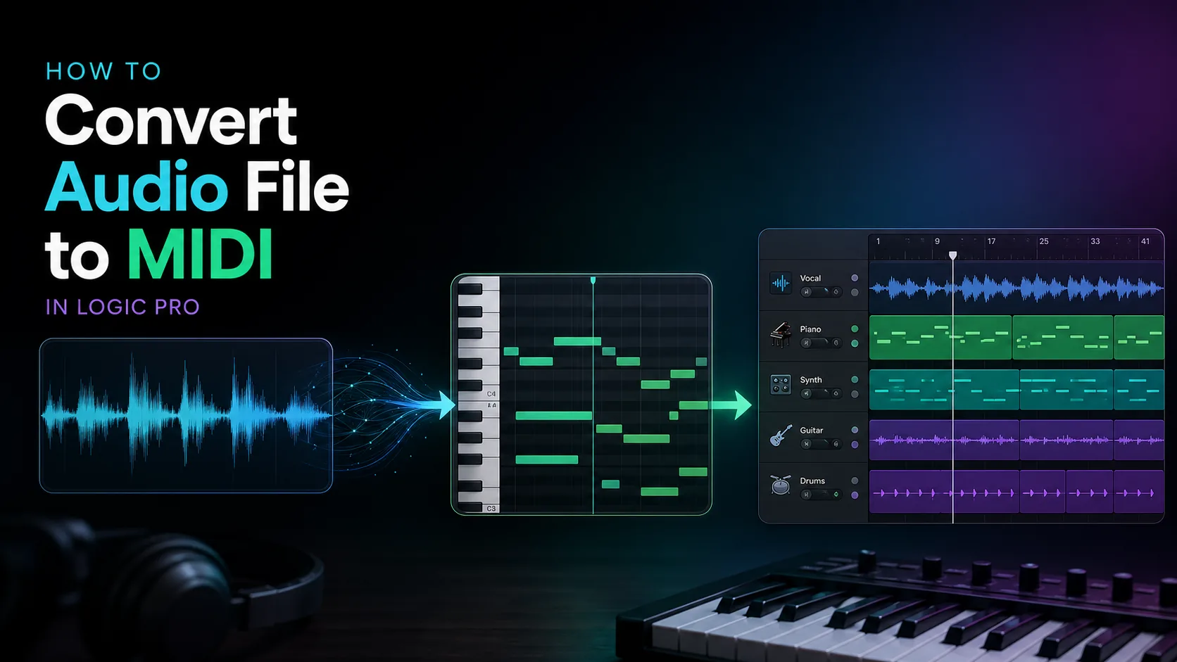 Forma d'onda audio trasformata in corsie MIDI editabili per un workflow Logic Pro