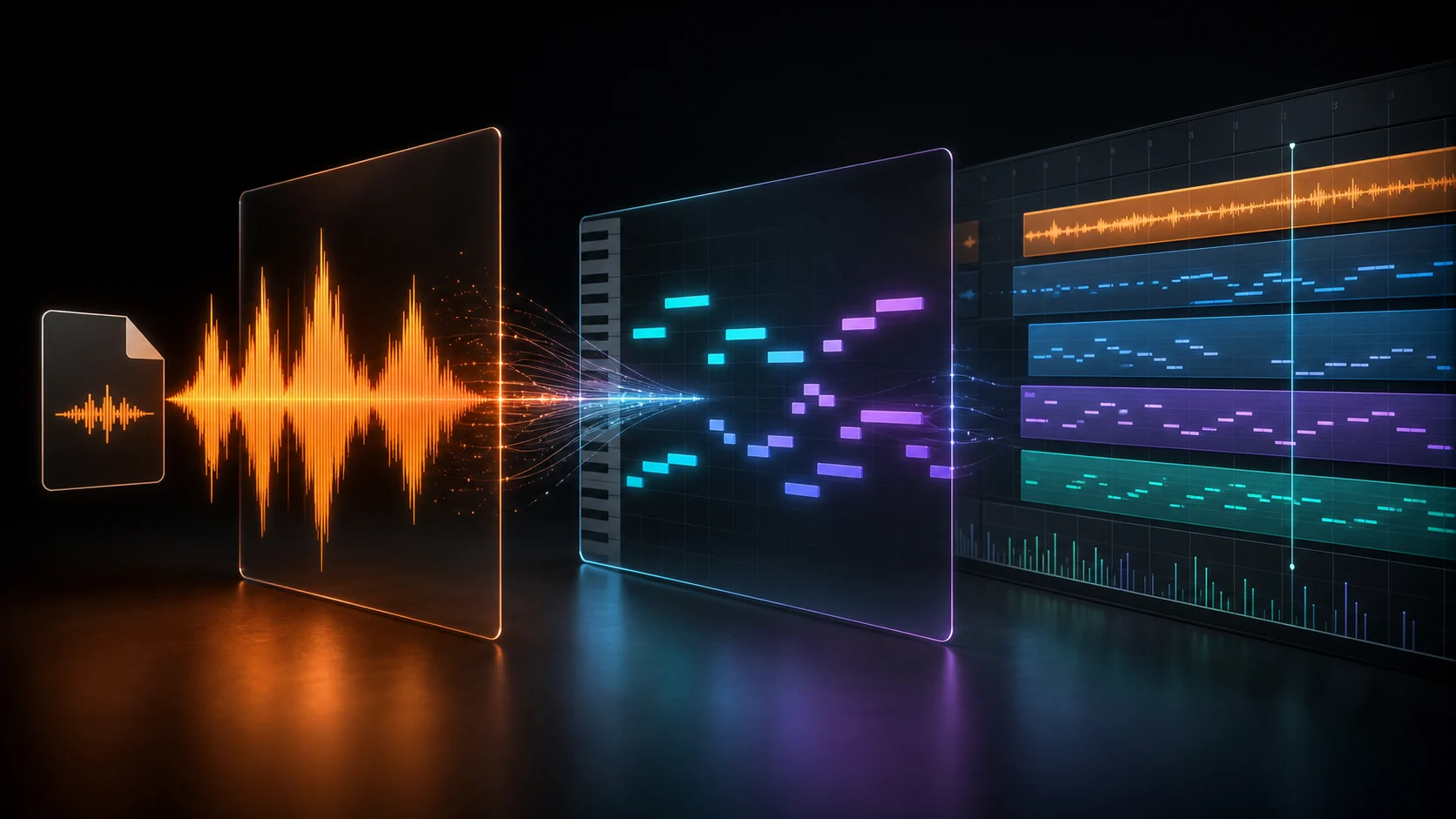 MP3 waveform becoming MIDI notes and editable DAW tracks