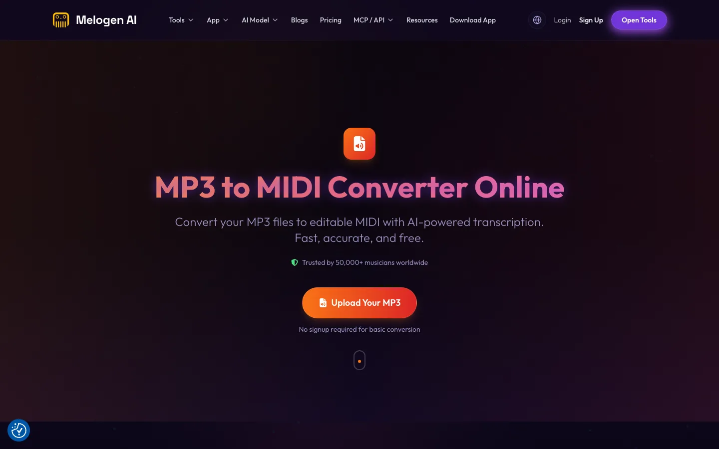 Melogen MP3 to MIDI converter page with its upload action