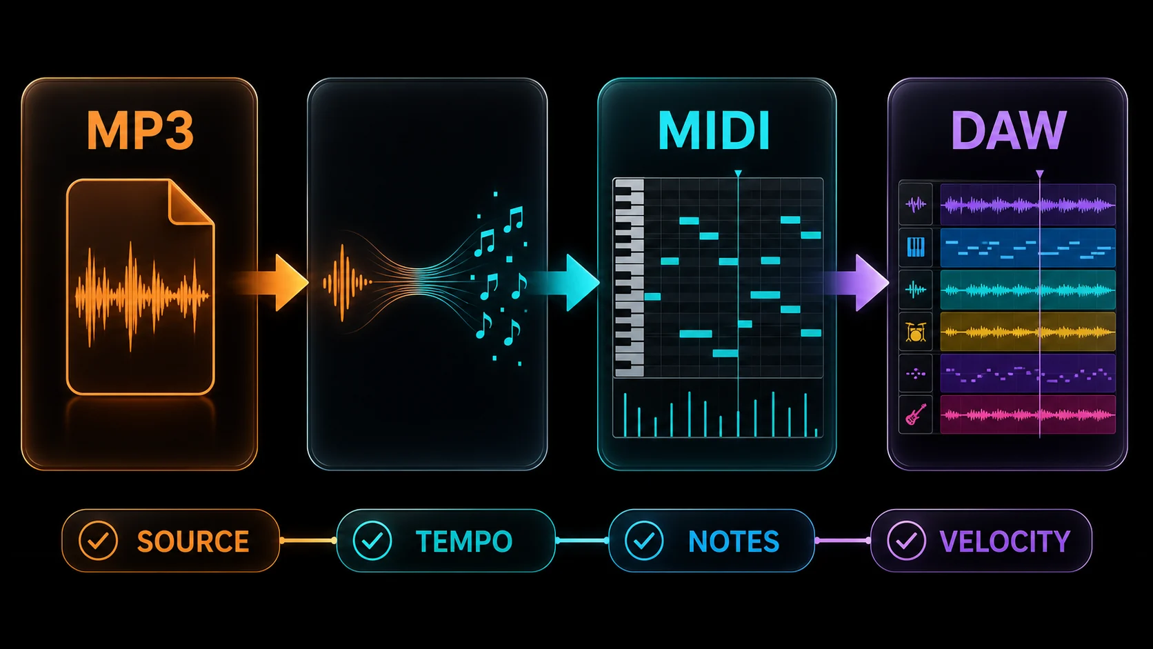 MP3 to MIDI workflow from source check through tempo, note, and velocity cleanup