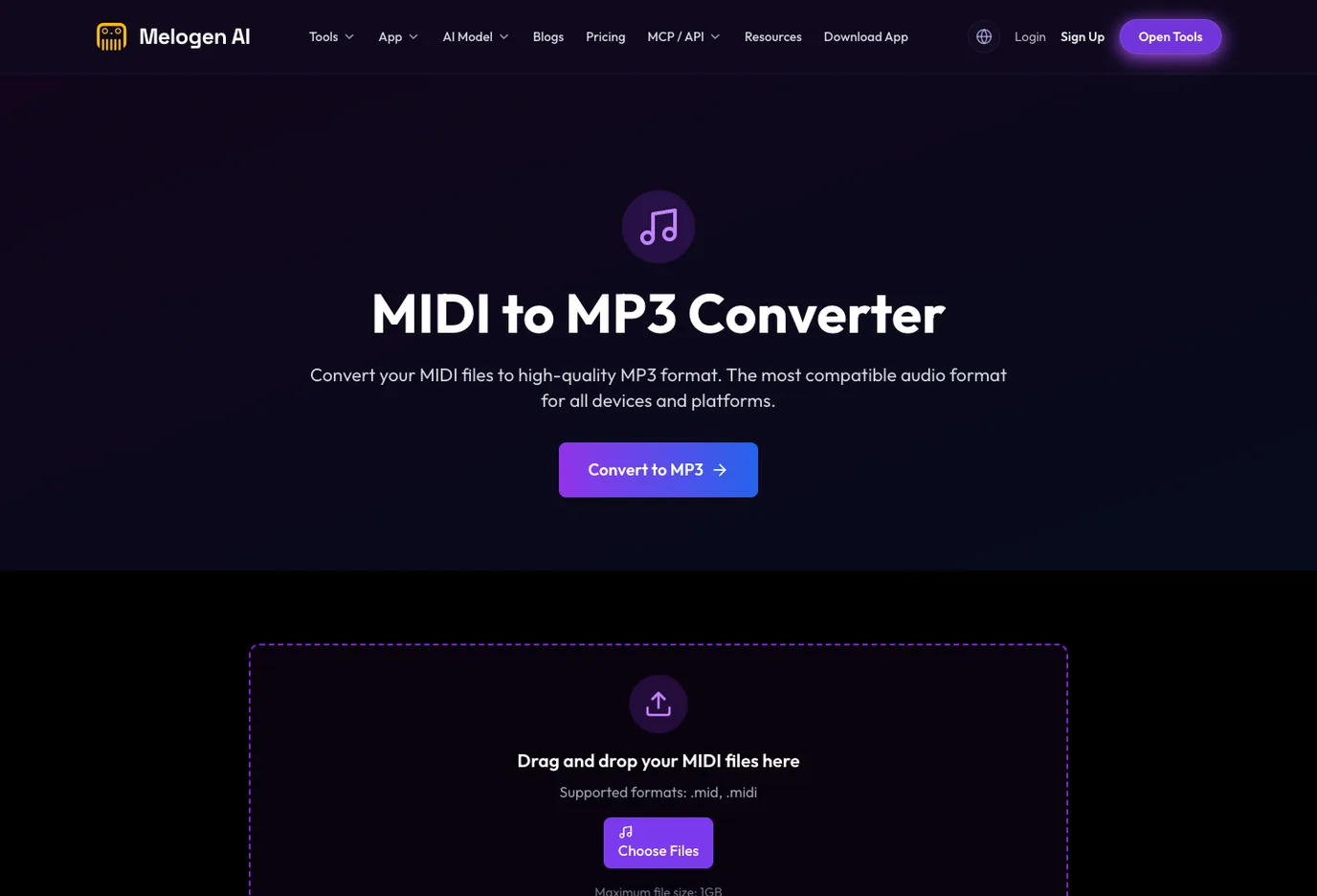 Melogen MIDI to MP3 page for rendering owned MIDI arrangements into portable audio files