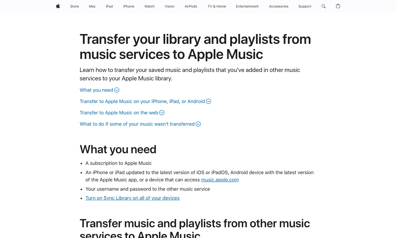 Apple Support page for transferring libraries and playlists from other music services to Apple Music