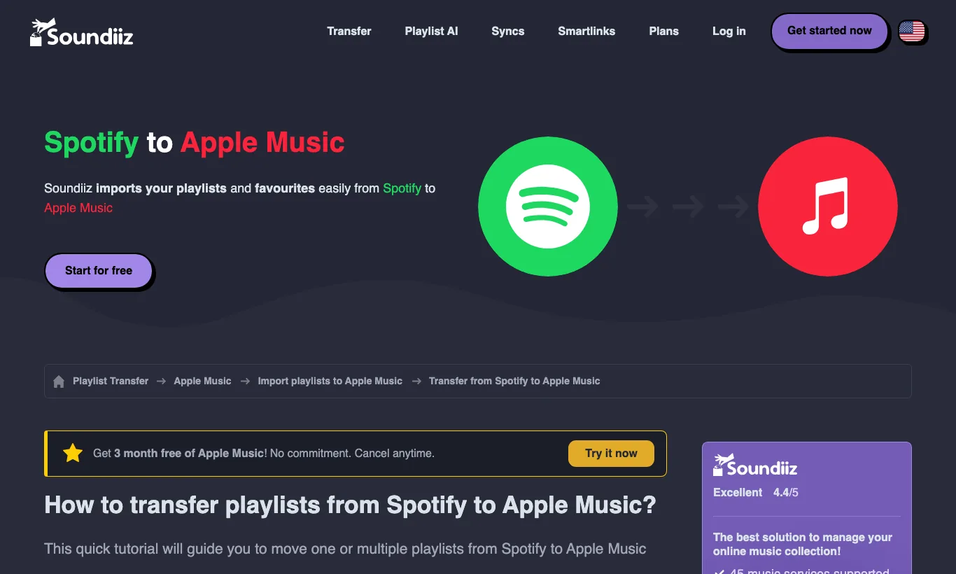 Soundiiz Spotify to Apple Music transfer tutorial page