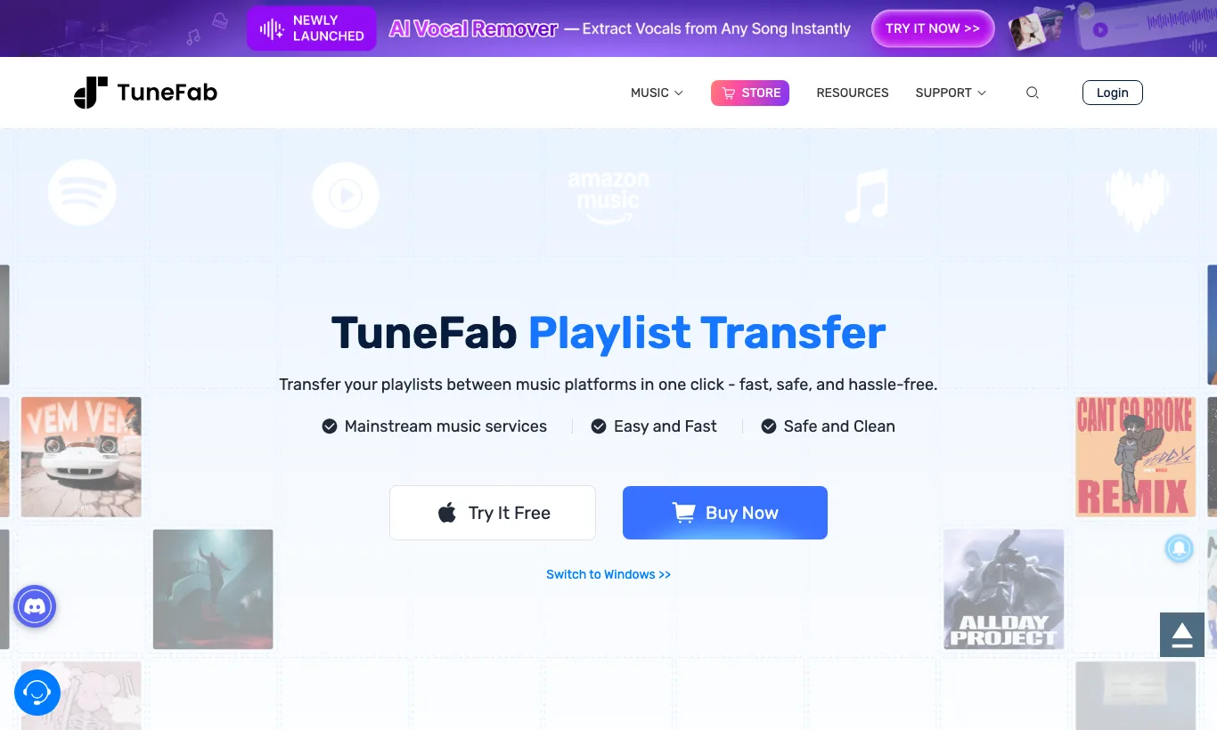 TuneFab Playlist Transfer official product page for moving playlists between music services