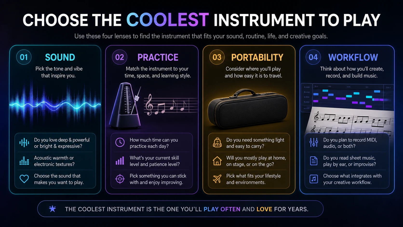 Four-lens framework for choosing the coolest instrument to play by sound, practice, portability, and workflow