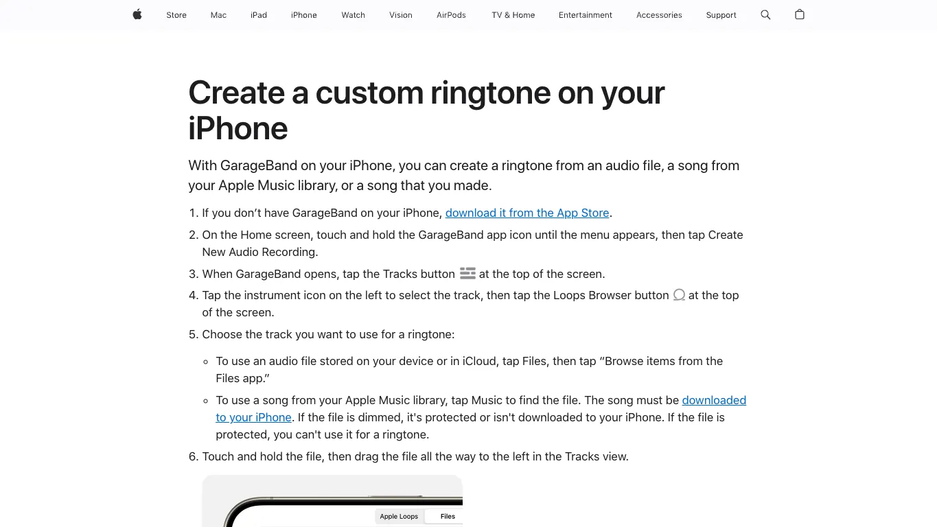 Apple Support page for creating a custom ringtone on iPhone with GarageBand