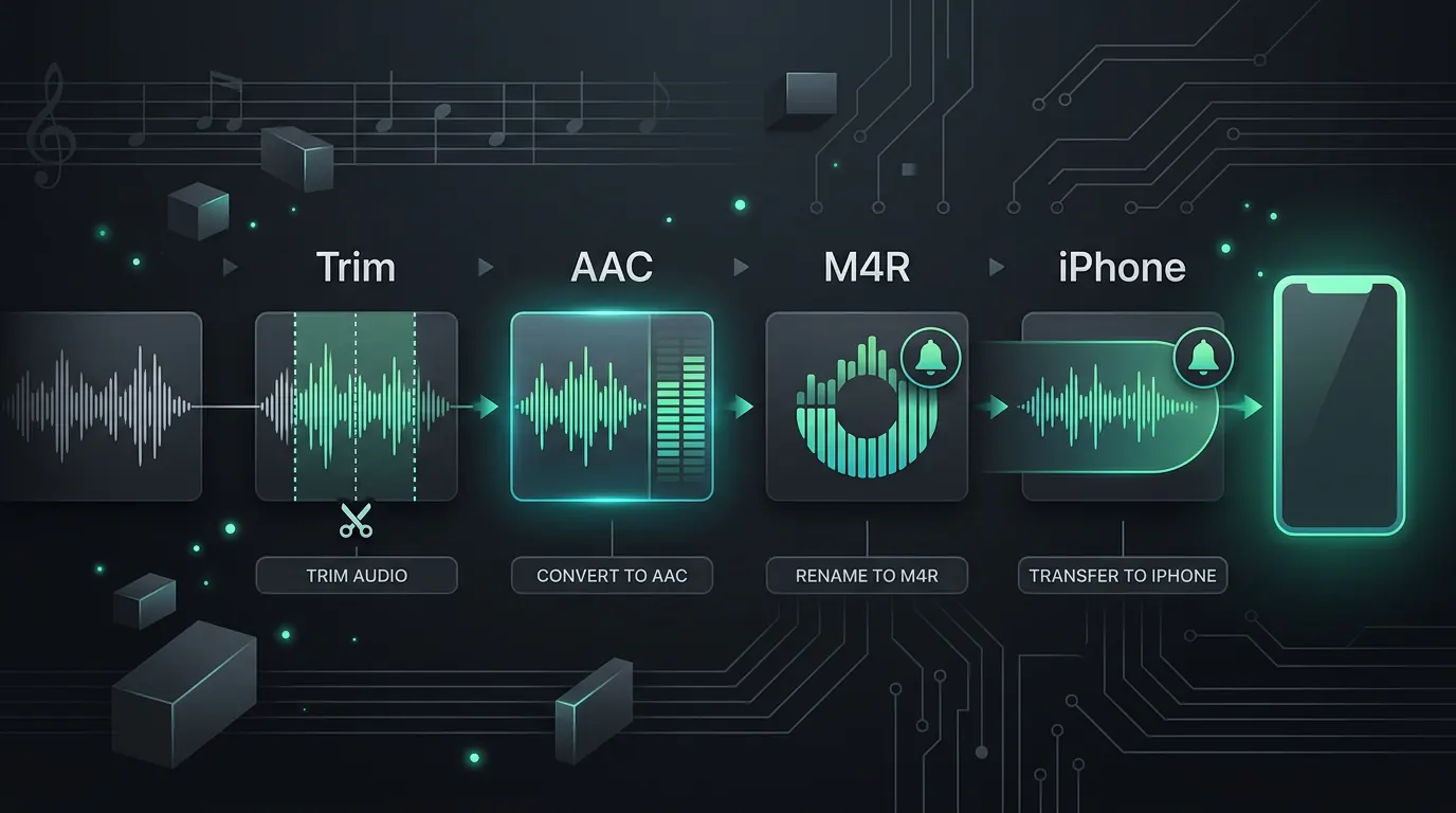 Owned audio moving through trimming, AAC export, M4R naming, and iPhone ringtone setup