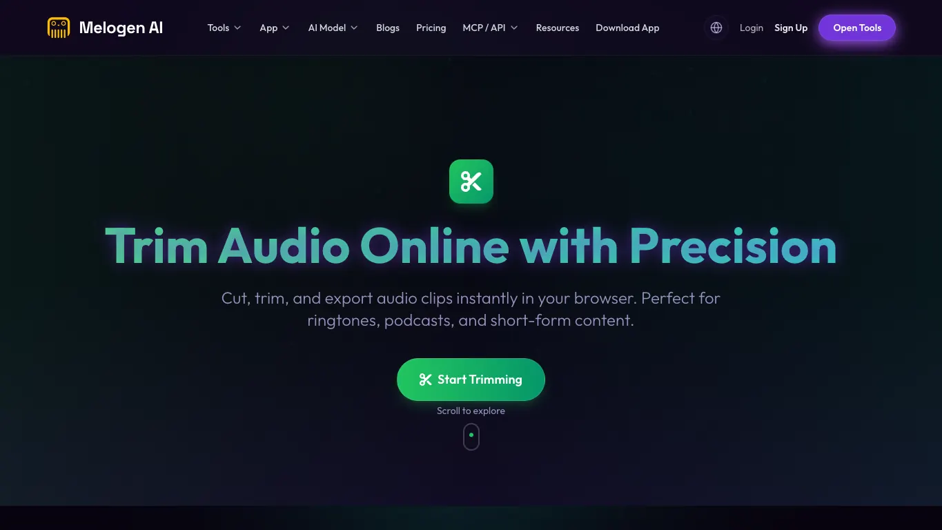 Melogen Music Trimmer page for cutting an owned audio clip before making a ringtone
