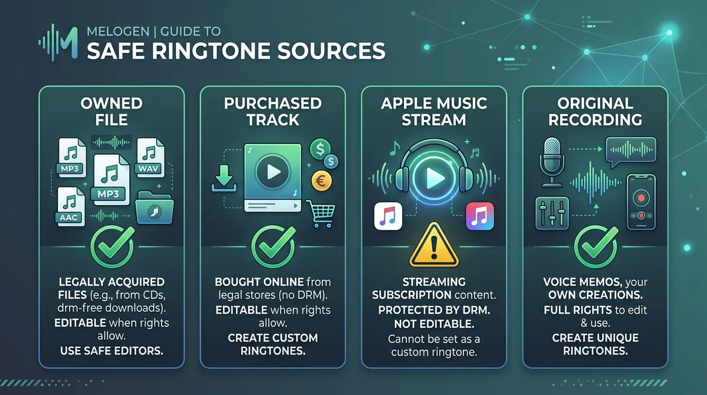 Ringtone source check separating owned audio, purchased files, Apple Music streams, and original recordings