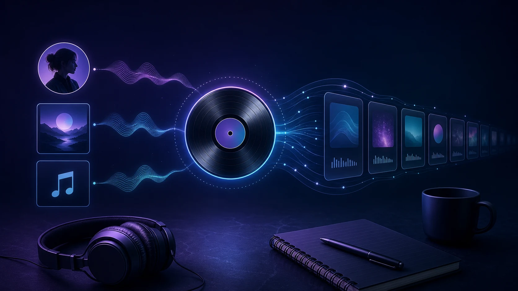 Music discovery radio flowing from an artist, album, and song into a listening queue