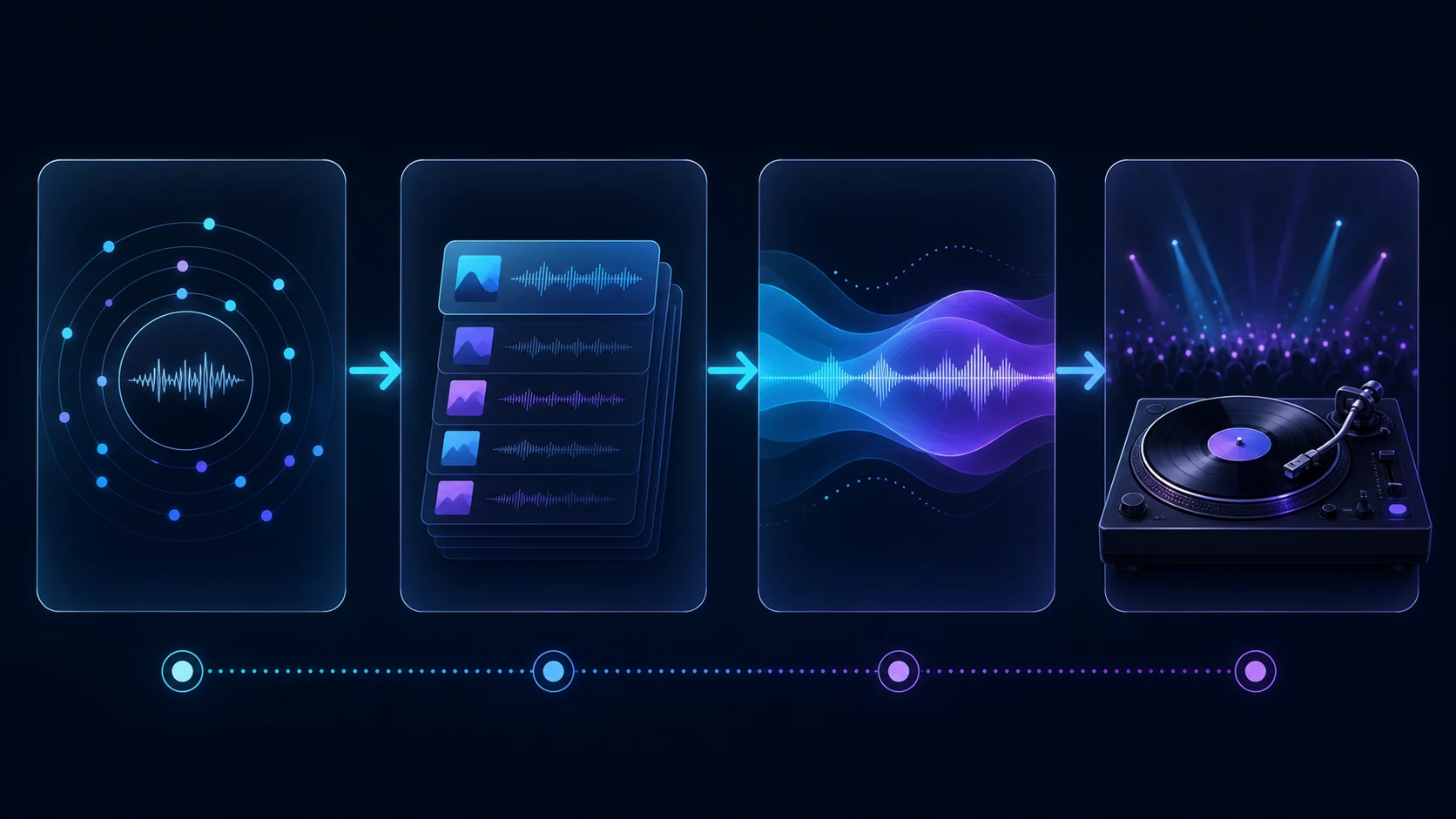 Conceptual flow from radio discovery to playlists, mixes, and DJ listening modes