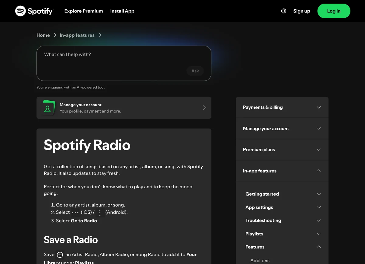 Spotify official support page showing the Go to Radio and Save a Radio steps